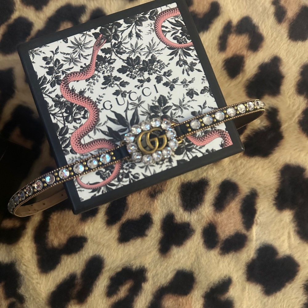 Gucci Black Leather Crystal choker with Gold Double G Buckle